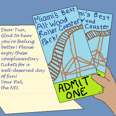 A letter from the NFL to Tua Tagovailoa congratulating him on feeling better!  Tua Tagovailoa's hand is holding two free tickets to Miami's Best All-Wood Roller Coaster Park, the ideal setting for concussion recovery!