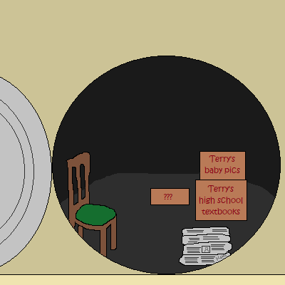 A very well-drawn open vault! It is empty except for a very well-drawn chair, a pile of newspapers, and boxes labelled "Terry's baby pics", "Terry's high school textbooks", and "???".